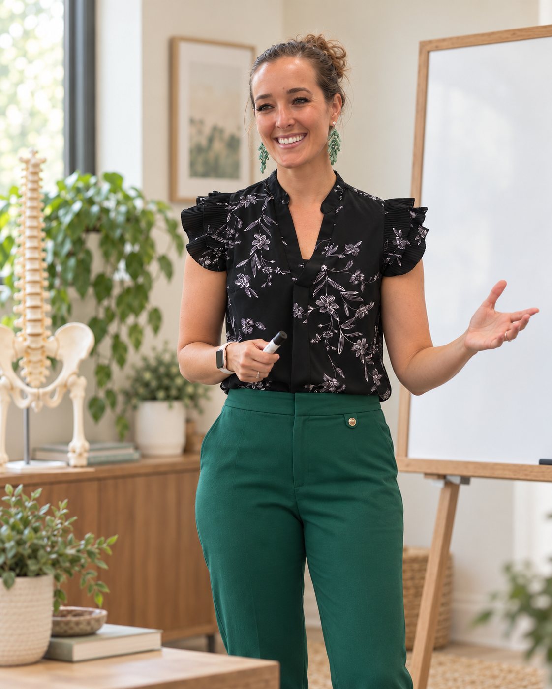 Dr. Bri Thornton teaching, marker in hand, spine and pelvis models behind her.