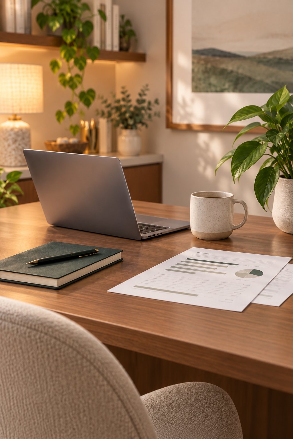 Her desk in warm lamplight: a laptop, a mug, a notebook and printed lab results.