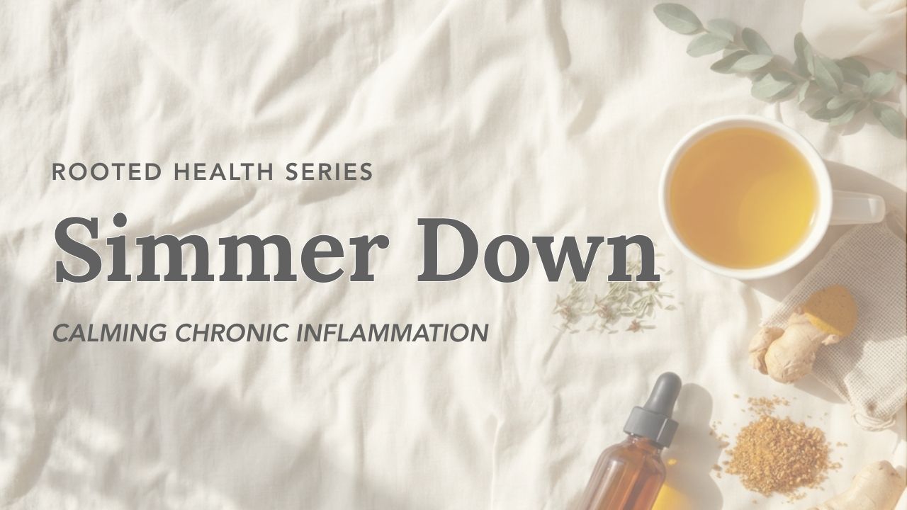 Simmer Down, calming chronic inflammation. Rooted Health Series class card.