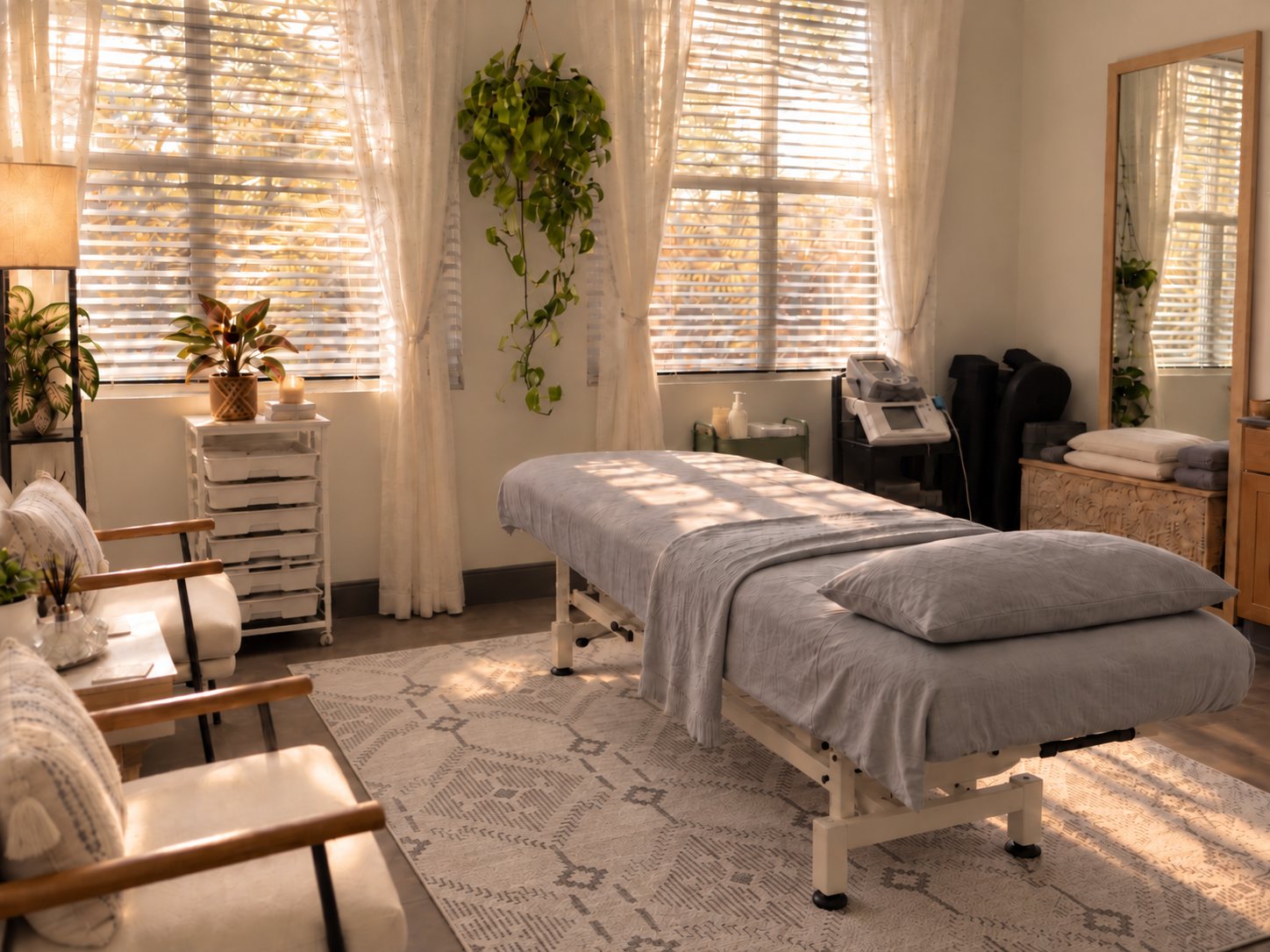 The treatment room in afternoon light: a made-up treatment table with a grey blanket and pillow, plants and sheer curtains at the windows, two armchairs and a patterned rug.